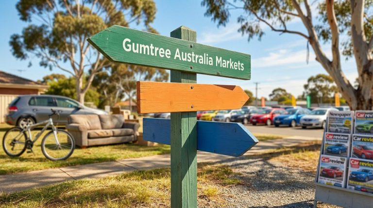 Colourful three-way signpost reading Gumtree Australia Markets at a sunny garage sale, hinting at its three brands