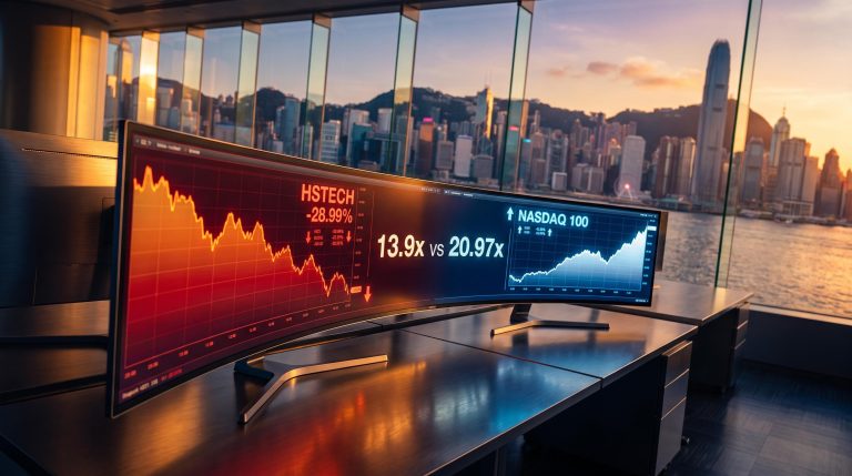 HSTECH vs NASDAQ 100 forward P/E gap shown on twin trading screens inside Hong Kong financial floor