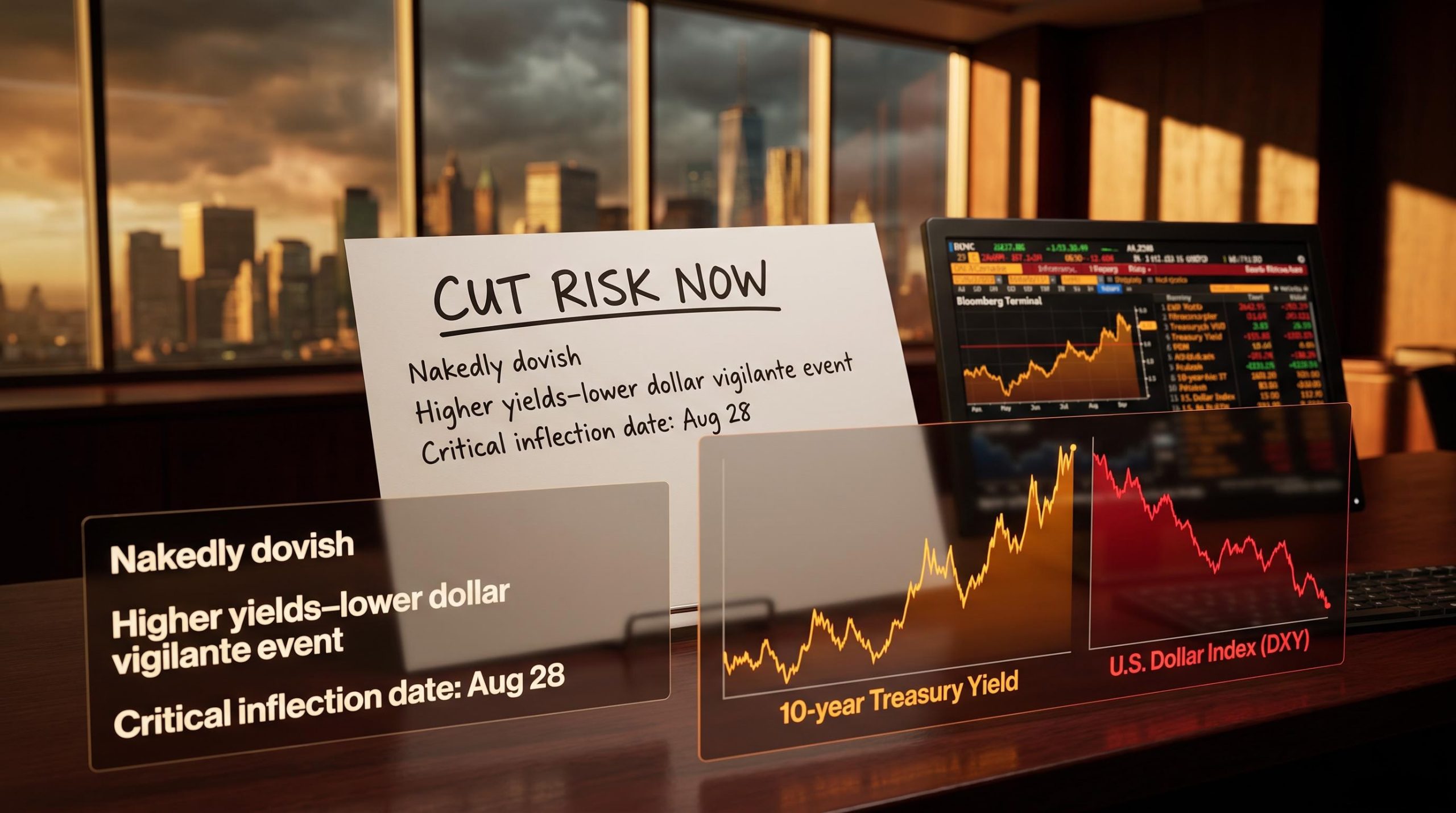 Bank of America's Hartnett Jackson Hole warning note with Treasury yield spike and dollar decline panels