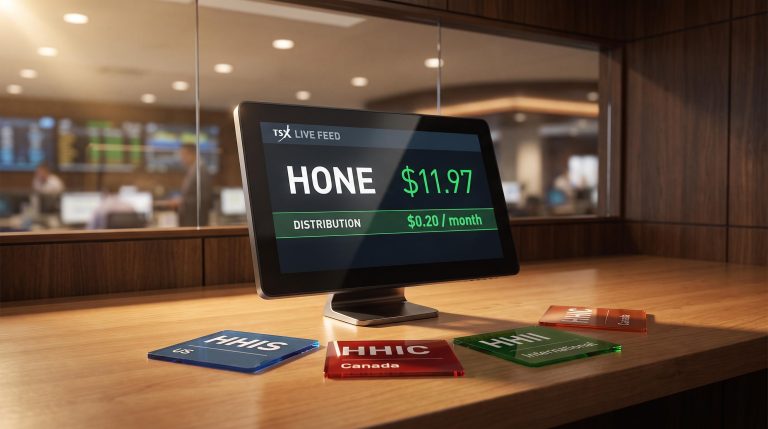Harvest HONE ETF ticker and $11.97 unit price on TSX terminal with three underlying fund tiles