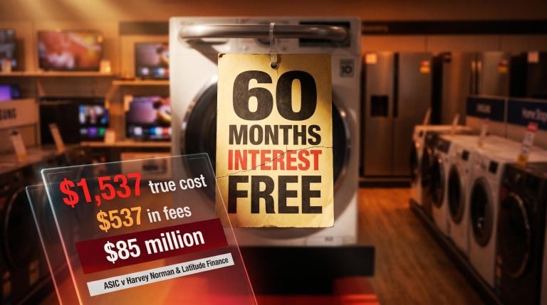 Harvey Norman "interest-free" price tag with $537 fees and $85 million ASIC penalty overlays in retail setting