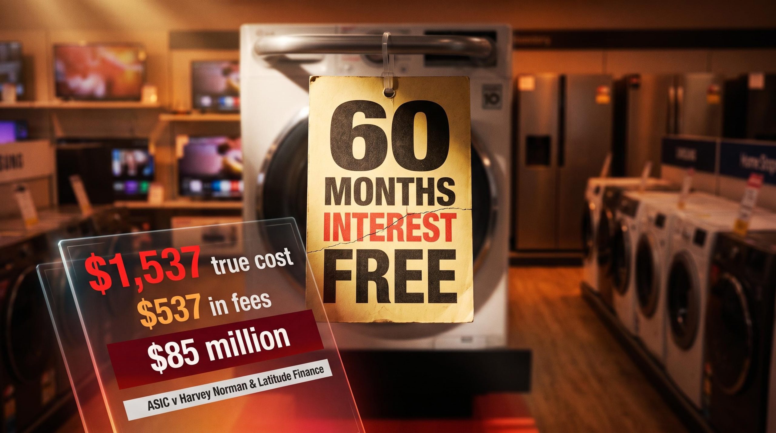 Harvey Norman "interest-free" price tag with $537 fees and $85 million ASIC penalty overlays in retail setting