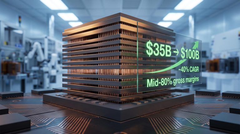 Stacked HBM memory module with $35B–$100B market growth overlay illustrating HBM market reclassification