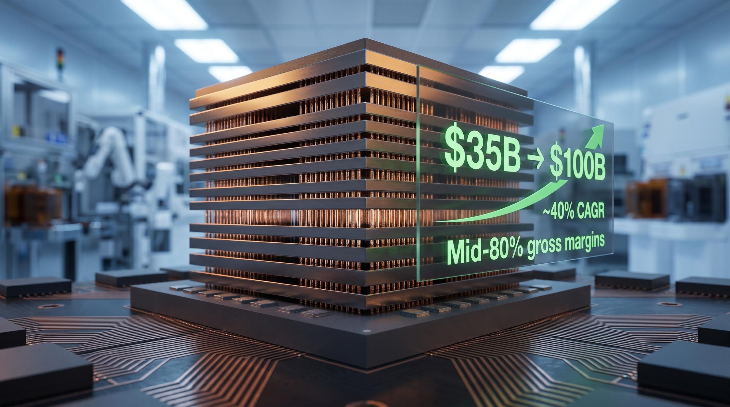 Stacked HBM memory module with $35B–$100B market growth overlay illustrating HBM market reclassification