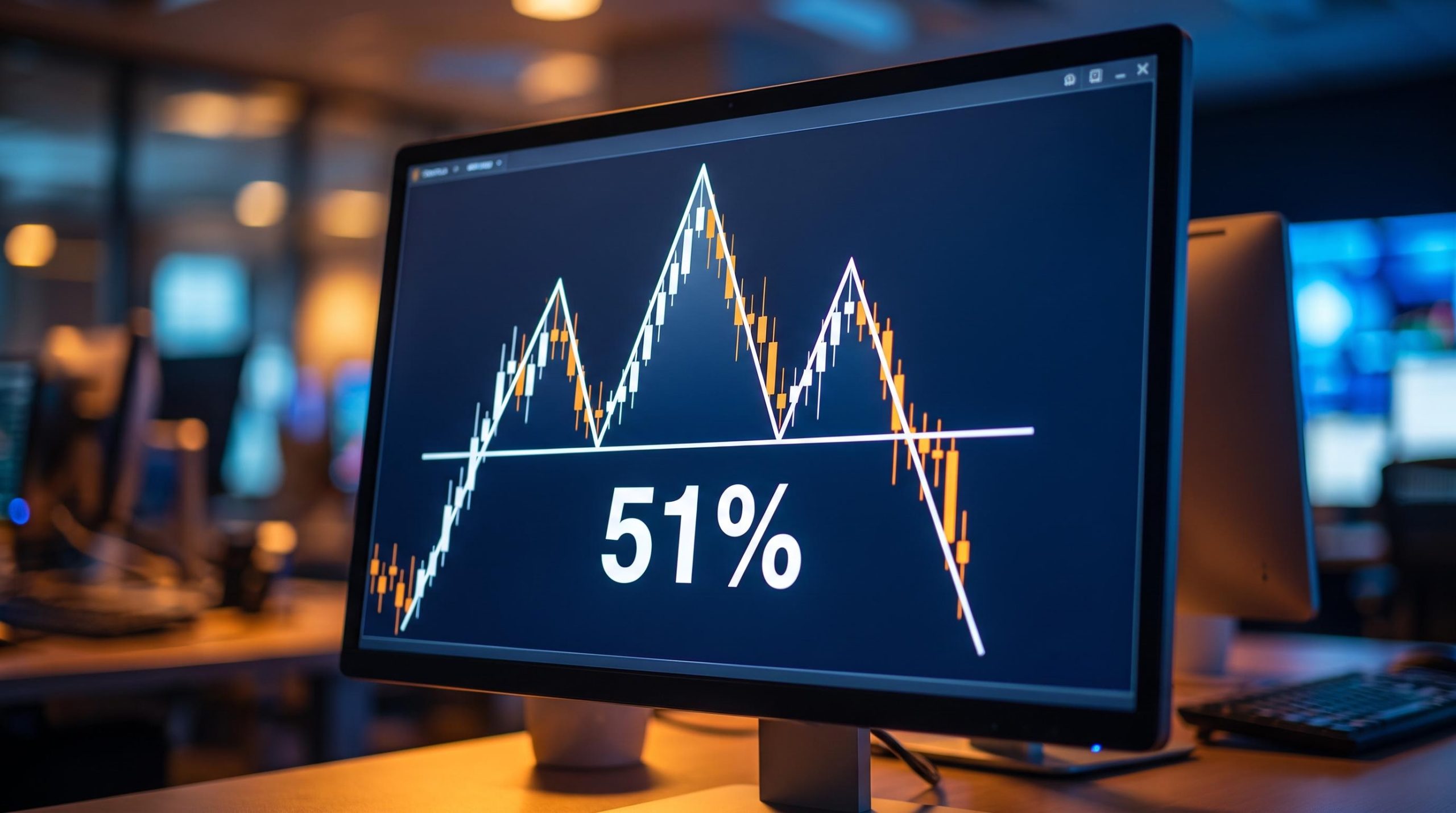 Head and Shoulders chart pattern on trading screen with 51% success rate stat — bearish reversal signal analysis