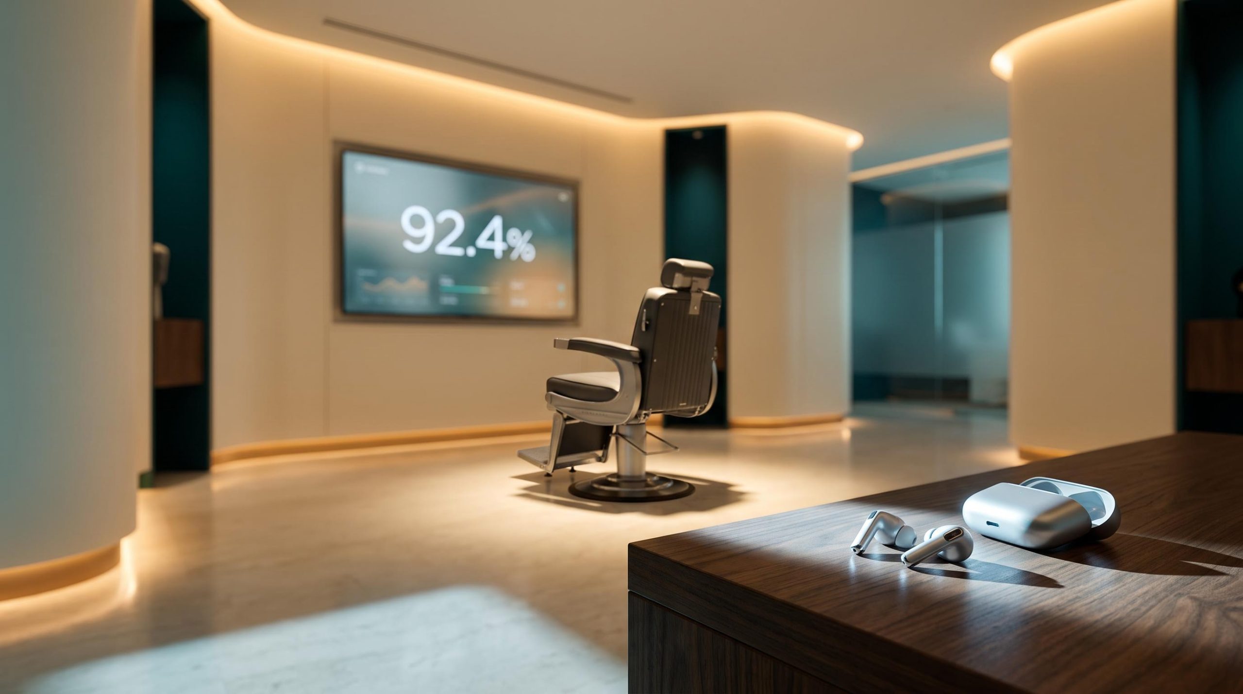 Empty audiology fitting chair beside consumer earbuds, with 92.4% market share stat — hearing aid industry analysis
