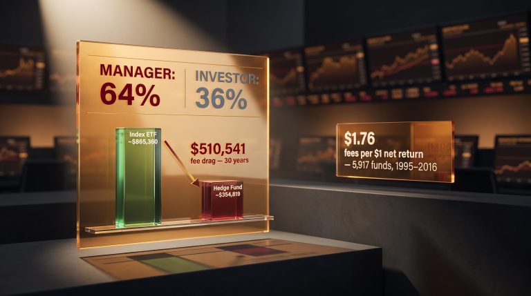 NBER hedge fund fee data showing 64% manager vs 36% investor split and $510,541 compounding gap over 30 years