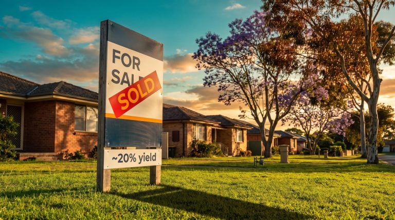 Helia (ASX: HLI) stock analysis: for-sale sign with 20% yield rider on an Australian street as house prices fall