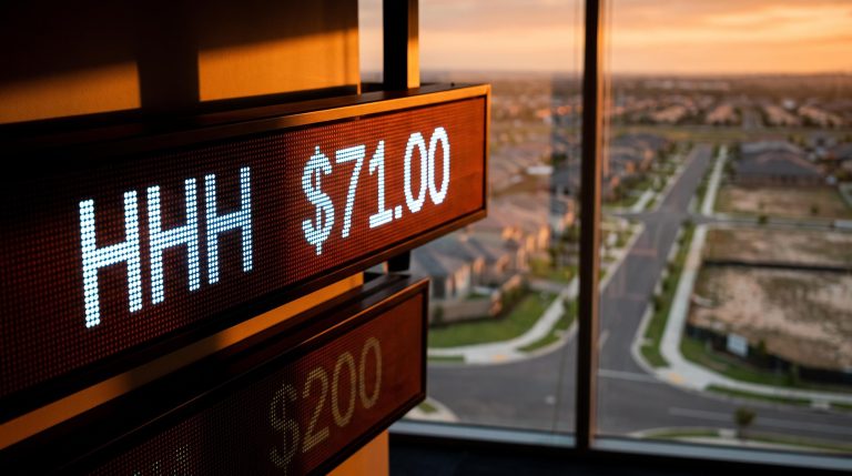 HHH stock at $71 ticker display against blurred master planned community landscape, highlighting valuation gap