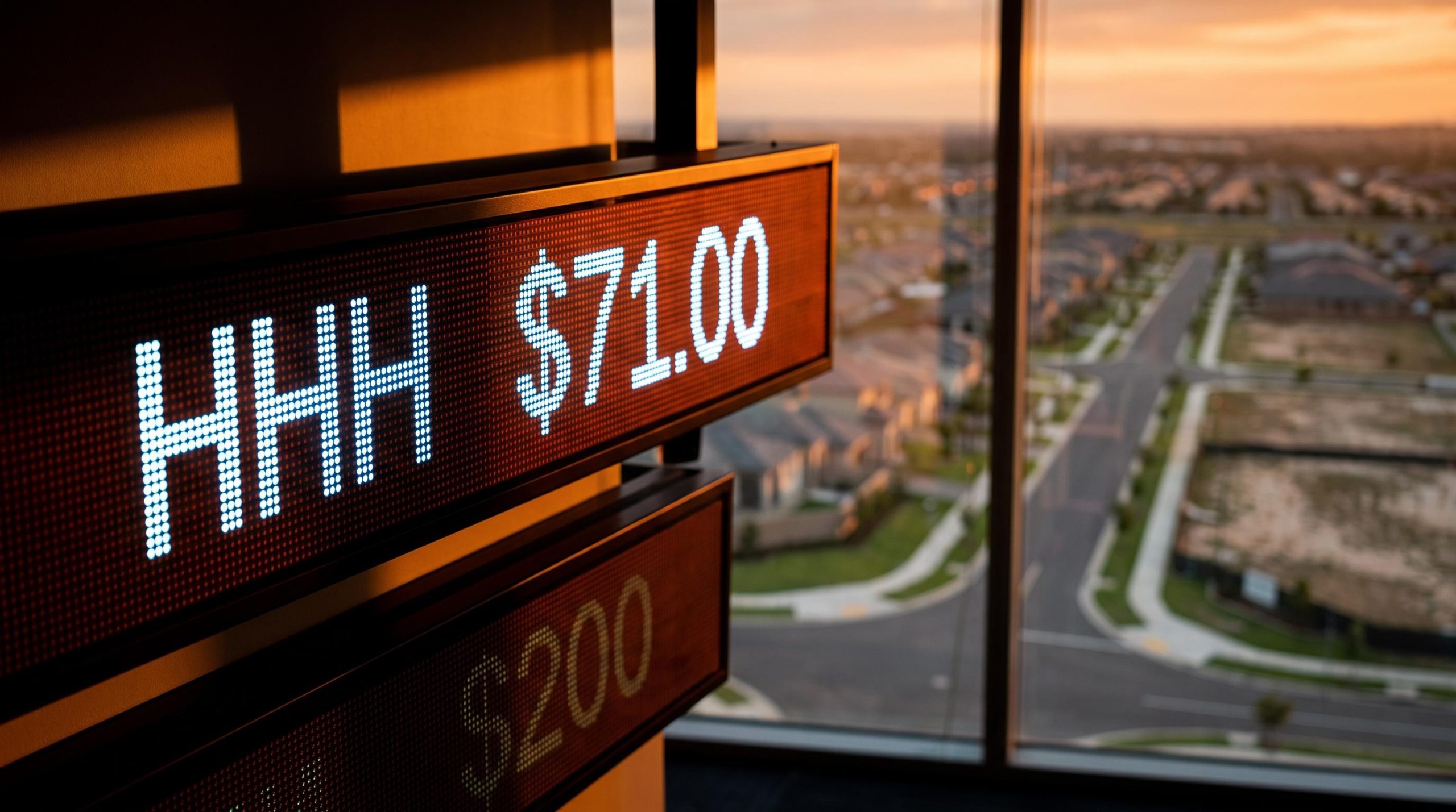 HHH stock at $71 ticker display against blurred master planned community landscape, highlighting valuation gap