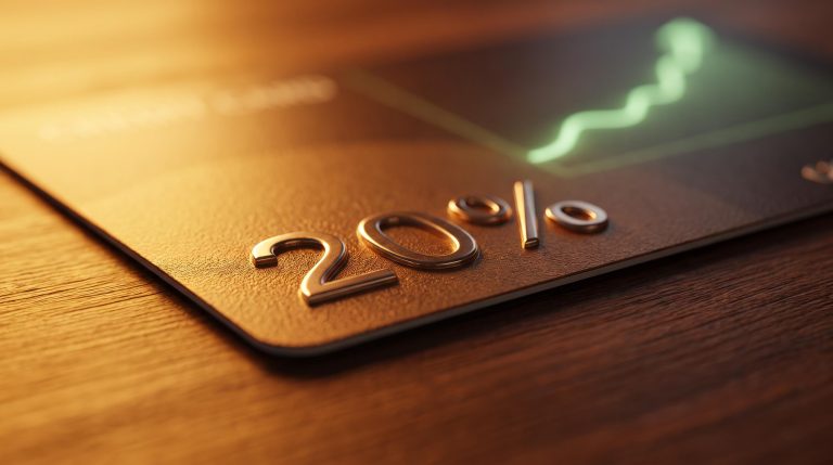 Embossed 20% on a credit card under warm golden light — highest guaranteed returns before market investing
