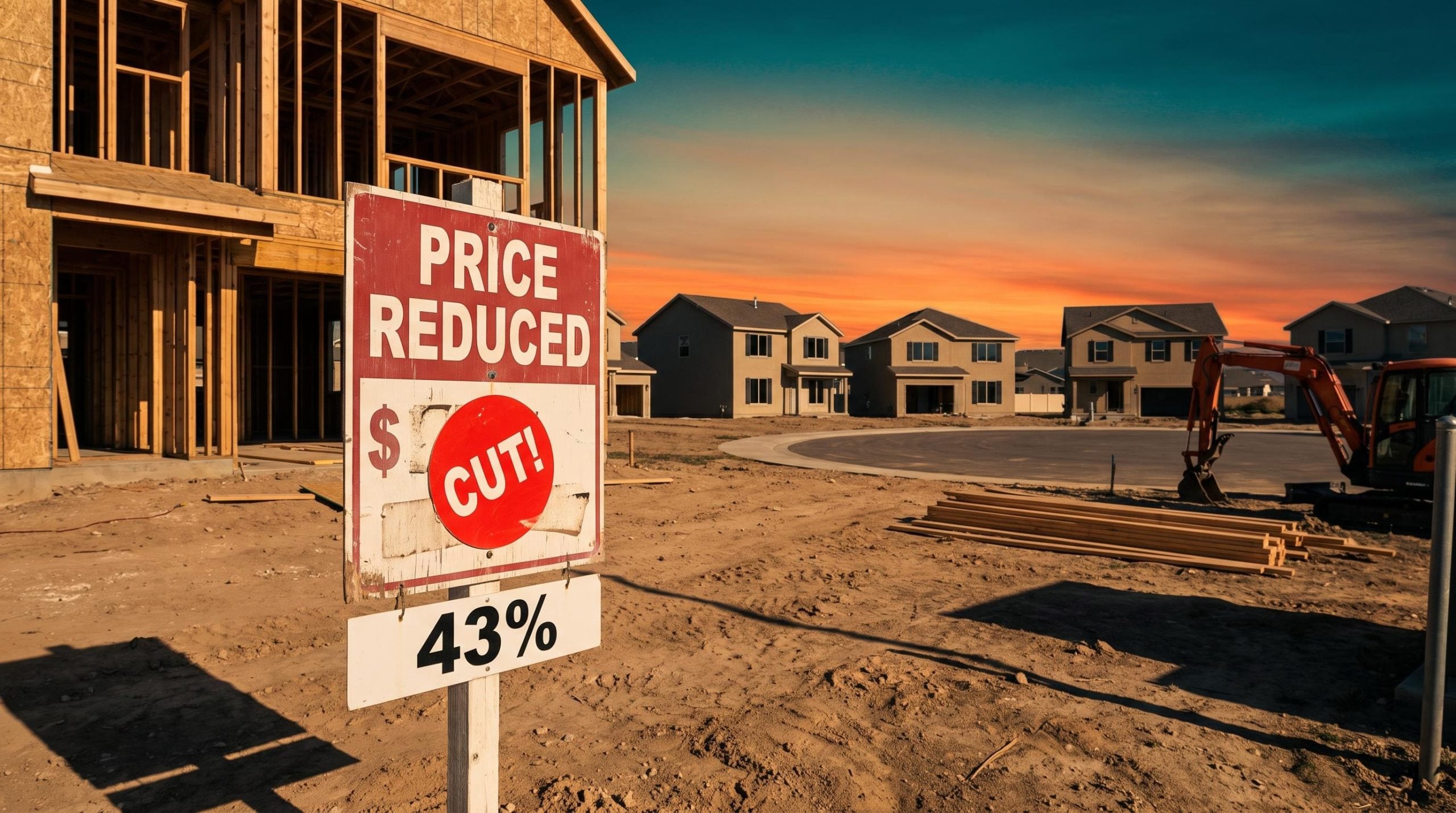 Price reduced sign with 43% rider before unsold new homes, illustrating pressure on homebuilder stocks from buydowns