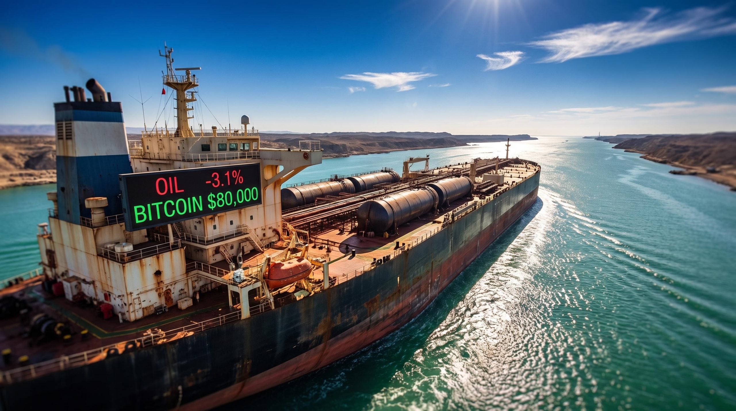 Supertanker transiting the Strait of Hormuz with oil -3.1% and Bitcoin $80,000 on bridge display