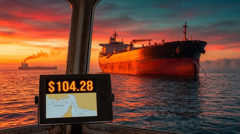 Oil tanker in the Strait of Hormuz at sunset with Brent price display, showing the oil price spike market impact