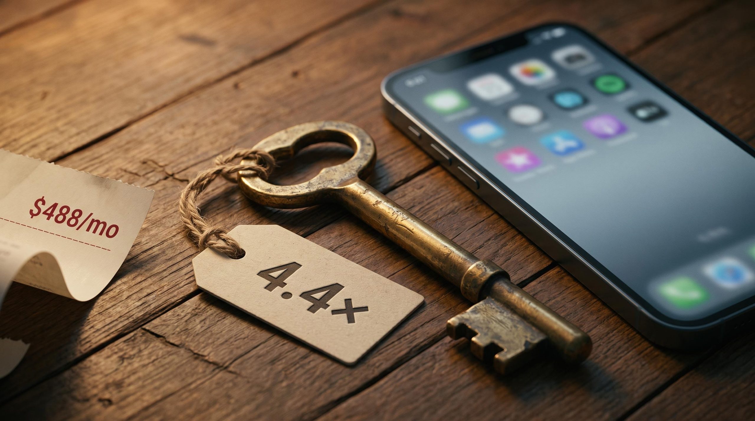 Worn brass house key beside a smartphone illustrating housing vs subscription spending gap of 4.4x