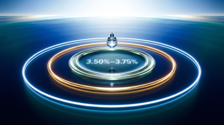 Single rate decision rippling outward across cobalt liquid surface, illustrating how central banks set interest rates