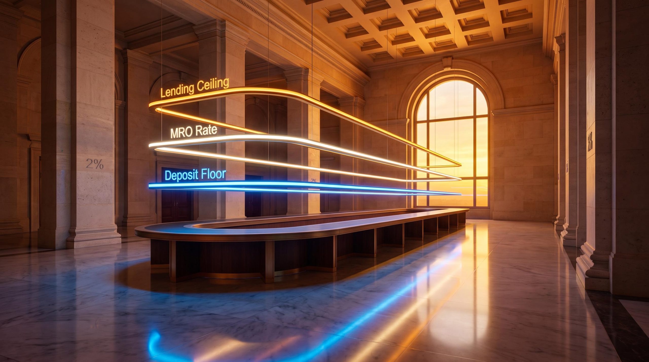ECB rate corridor visualised as three luminous bands inside a neoclassical Frankfurt chamber — how the ECB works
