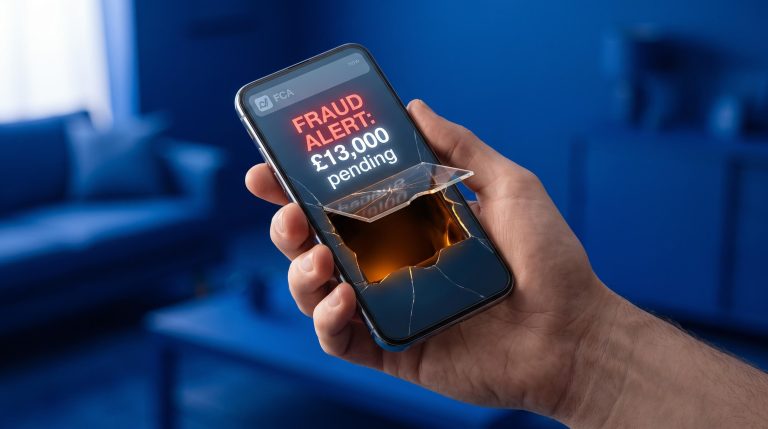 Smartphone displaying urgent £13,000 fraud alert with screen cracking open — how to avoid financial scams