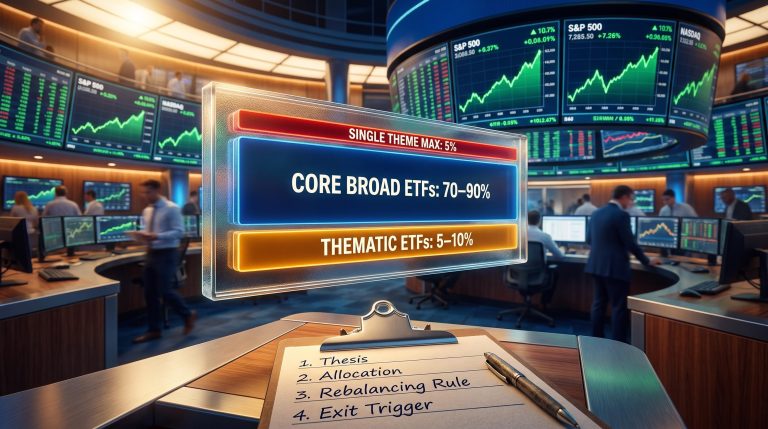 Portfolio allocation panel showing core ETF 70–90% and thematic satellite 5–10% split on a lit trading floor