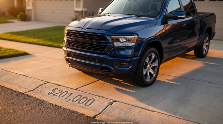 A $70,000 truck at golden hour with "$201,000" etched in concrete — the hidden cost of comparison-driven spending