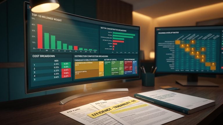 ETF analysis dashboard showing holdings concentration, MER costs and distribution breakdown for how to evaluate an ETF