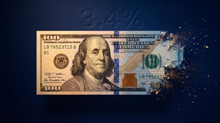 US dollar bill dissolving at the edges with 3.4% CPI figure — how to hedge against inflation guide