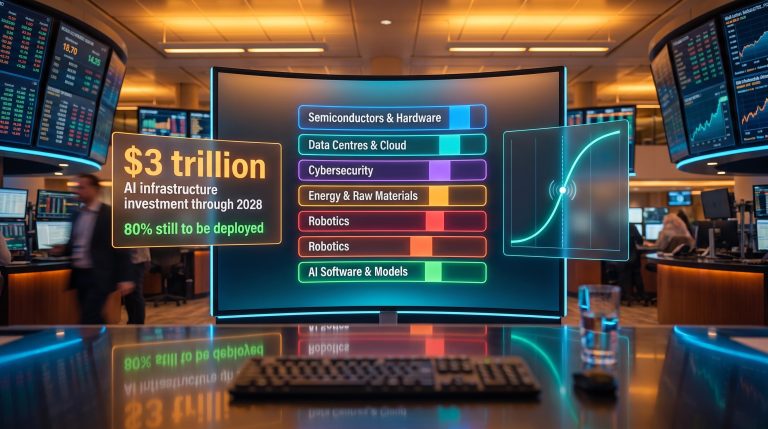 AI value chain investment framework displayed across trading floor screens showing $3 trillion infrastructure figure by segment