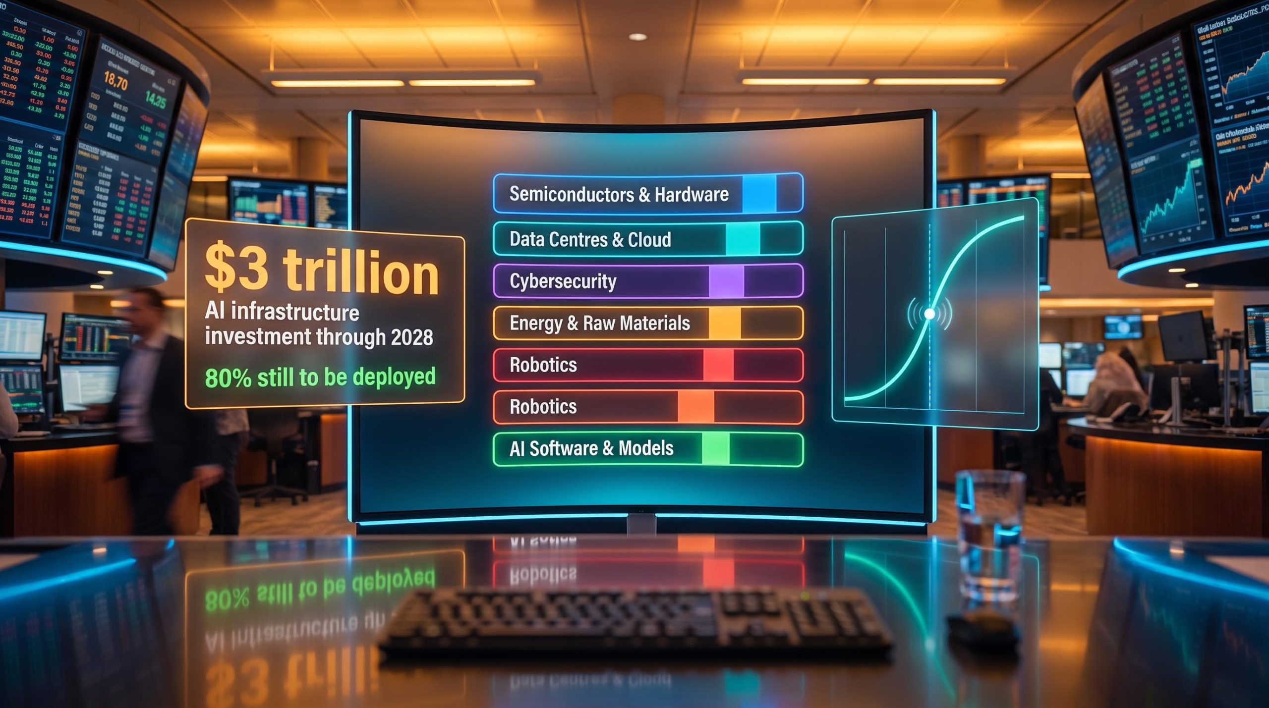 AI value chain investment framework displayed across trading floor screens showing $3 trillion infrastructure figure by segment