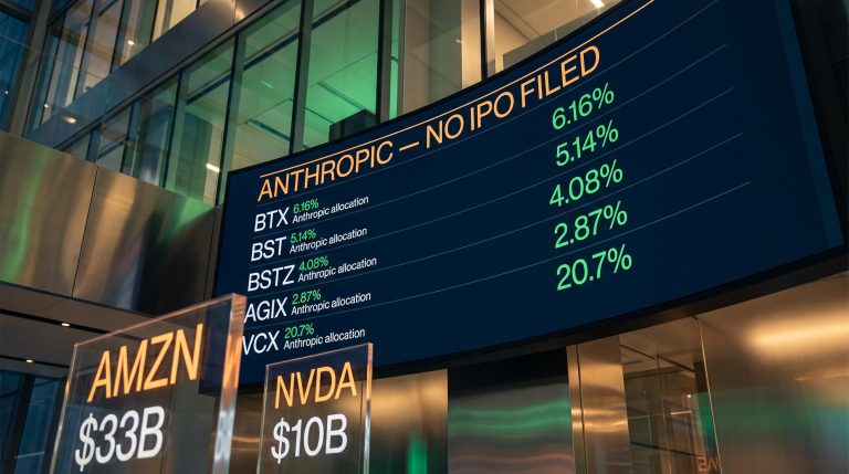Anthropic investment dashboard showing ETF and fund allocations for AGIX, BTX, BST, VCX before IPO