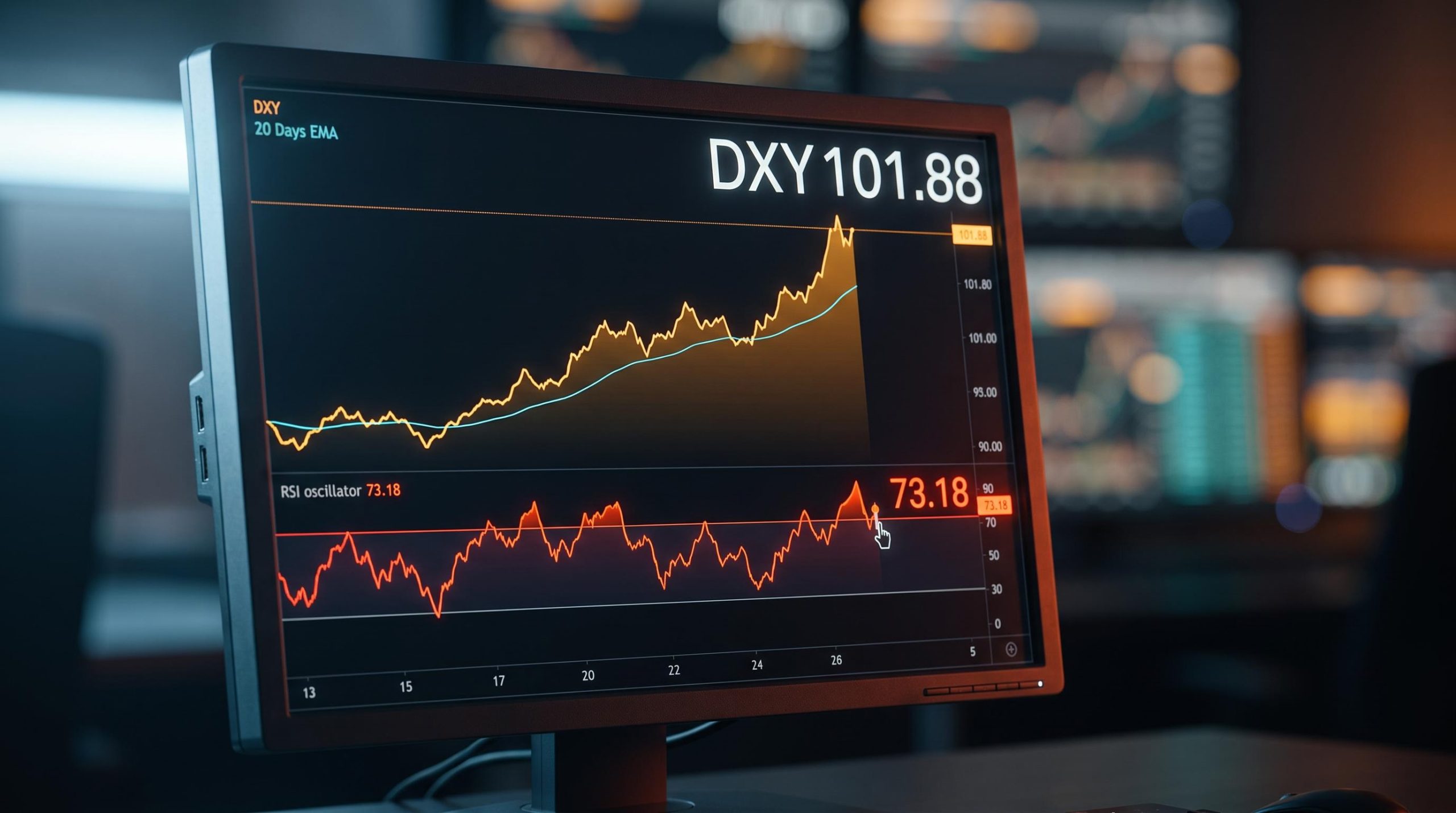 DXY trading terminal showing RSI at 73.18 in overbought zone — how to read a dollar rally signal