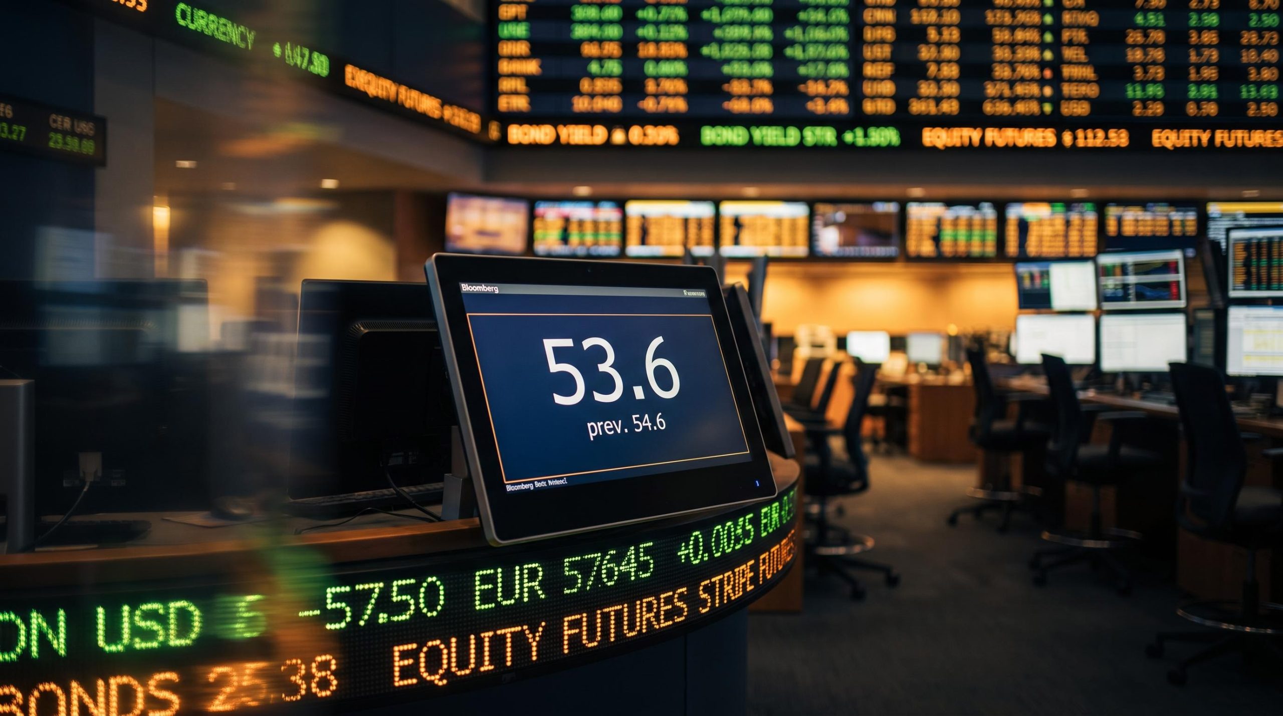 PMI composite reading of 53.6 on a financial terminal as three asset classes shift — how to read PMI data