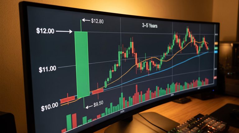 Candlestick chart on trading screen showing open $10, close $12, with 50-day and 200-day moving averages overlaid