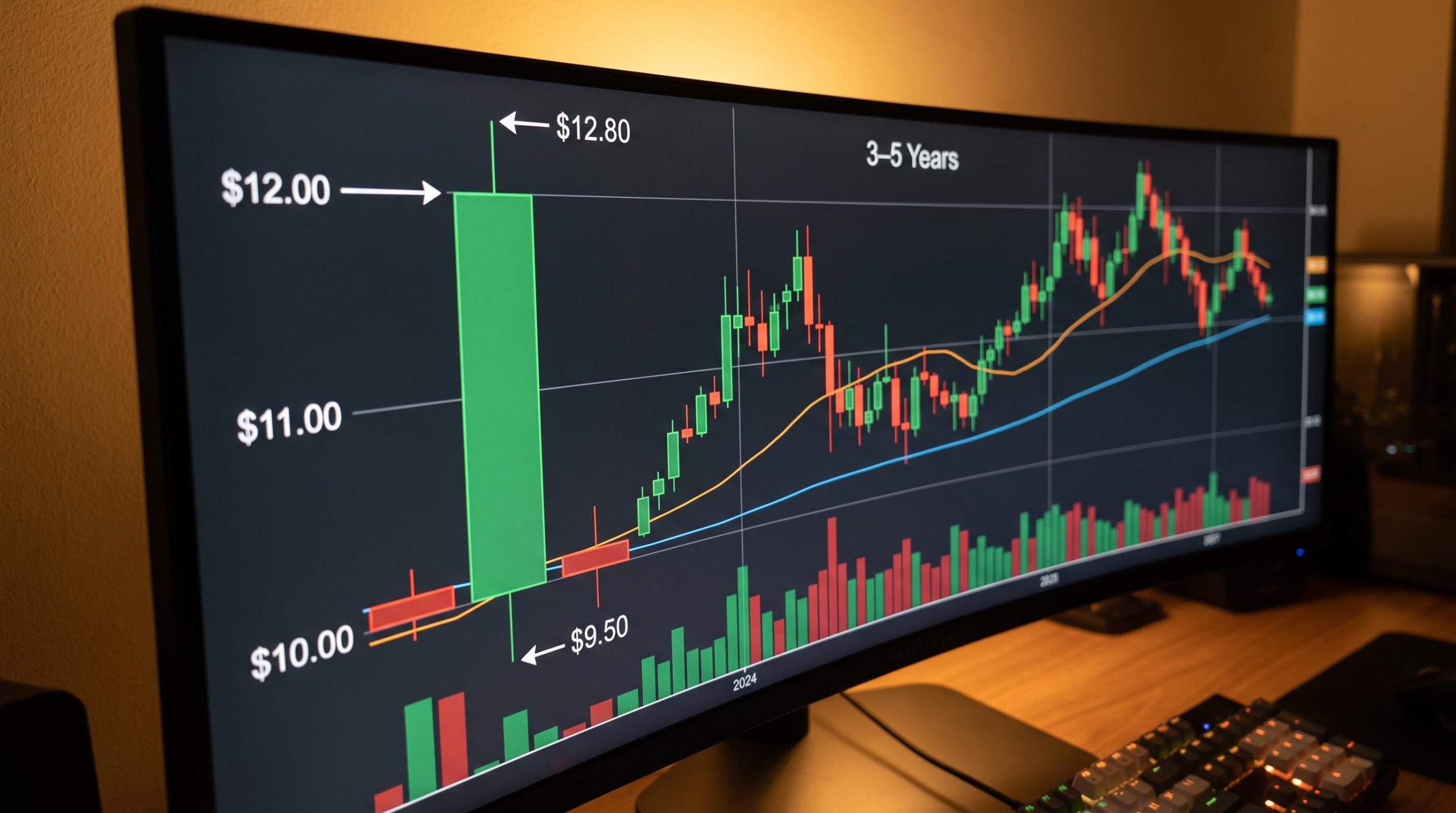 Candlestick chart on trading screen showing open $10, close $12, with 50-day and 200-day moving averages overlaid