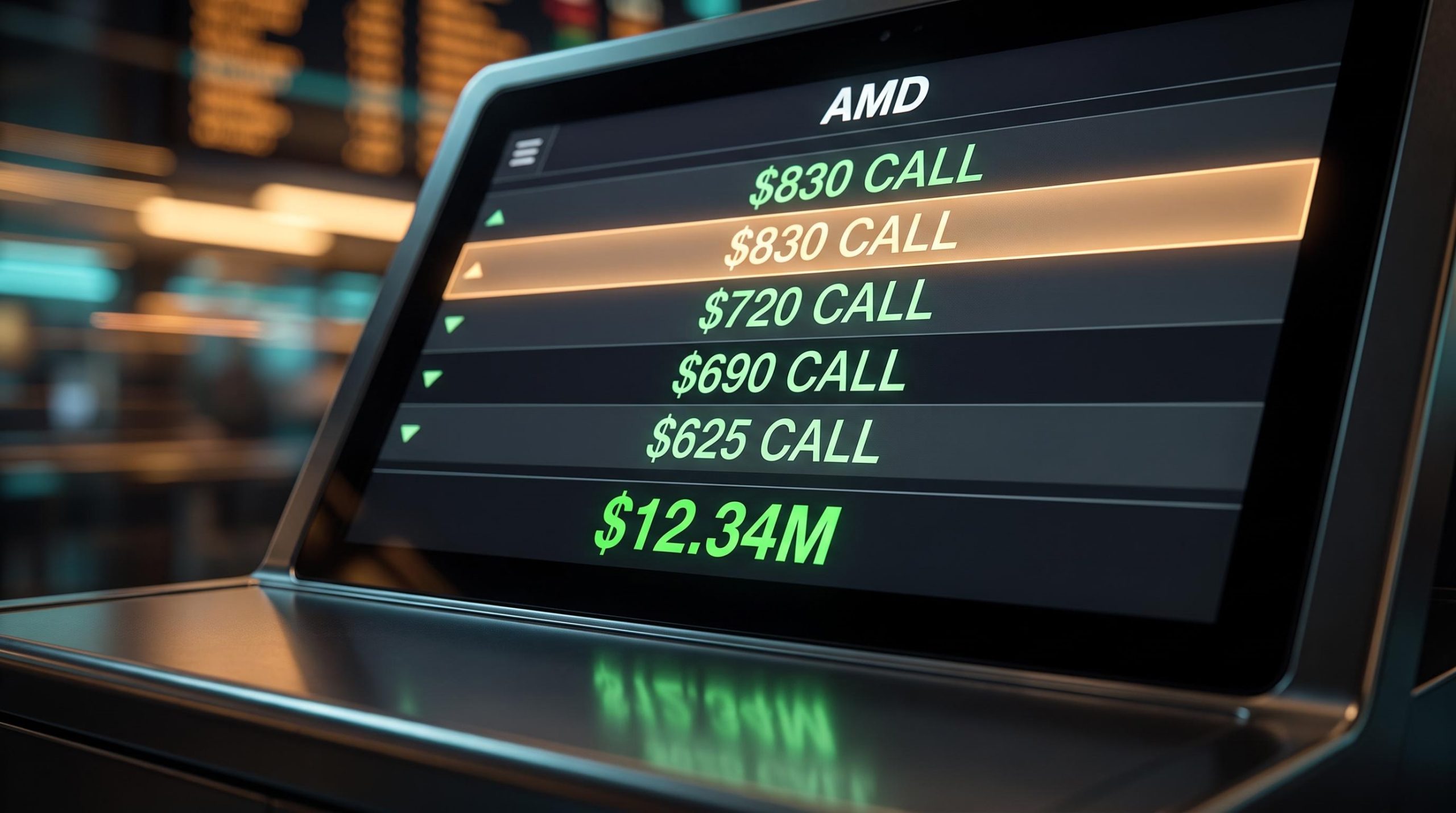 AMD options chain terminal showing $12.34M in call strikes from $625 to $830 — how to read unusual options activity