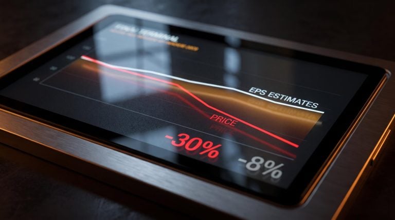 Diverging price and EPS estimate lines on a glowing terminal reveal a value trap signal — price down 30%, estimates cut 8%