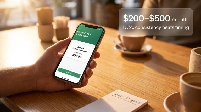 Hand placing first ASX ETF trade on a brokerage app showing $50 entry — how to start investing in Australia