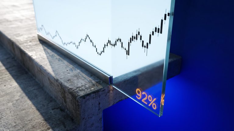 Biotech stock chart dropping off a glass ledge into a void, with 92% loss figure — how to trade biotech stocks