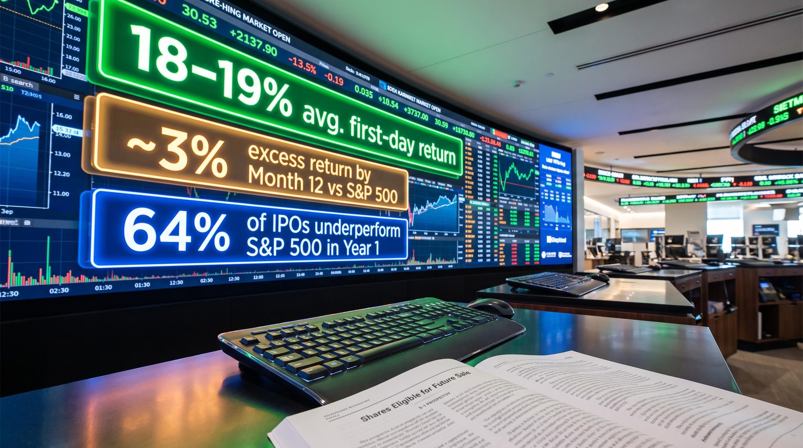 IPO trading dashboard showing 18-19% first-day return and 3% month-12 excess return with S-1 prospectus in foreground