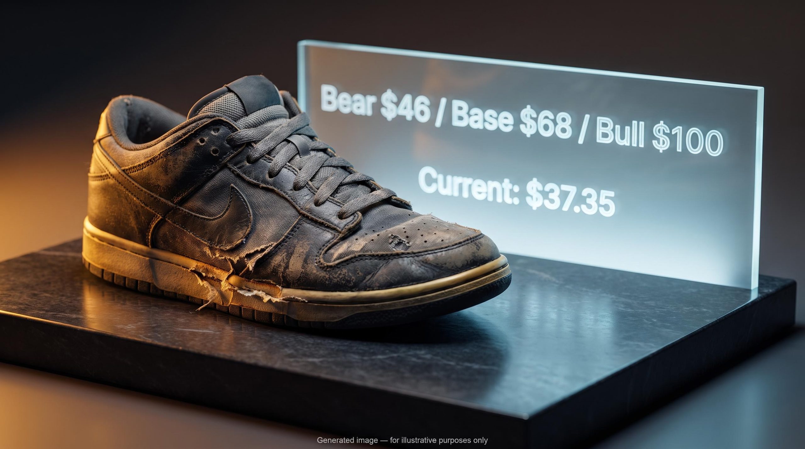 Worn Nike sneaker beside a DCF scenario matrix showing $37.35 below bear-case value in a turnaround stock valuation guide