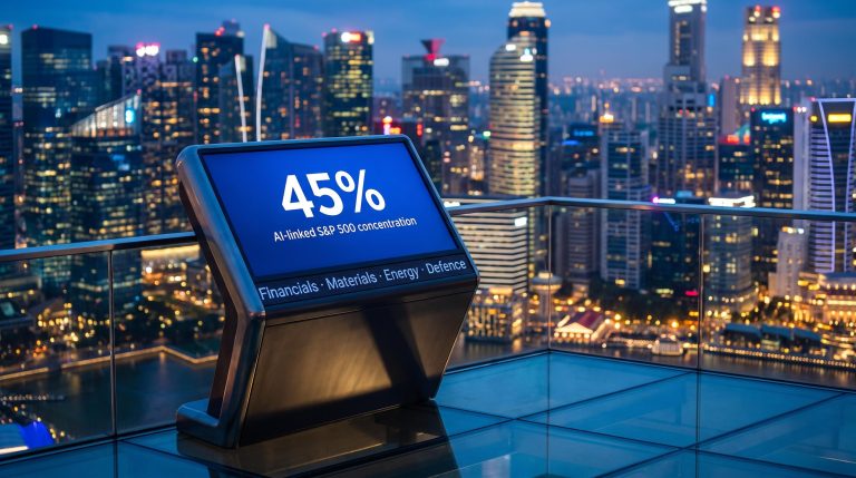 Institutional terminal showing 45% AI S&P 500 concentration above Asian skyline — HSBC Q4 2026 strategy