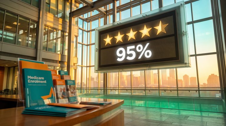 Glowing star-rating display showing 95% in a bright insurer atrium as Humana stock jumps on Medicare Star Ratings