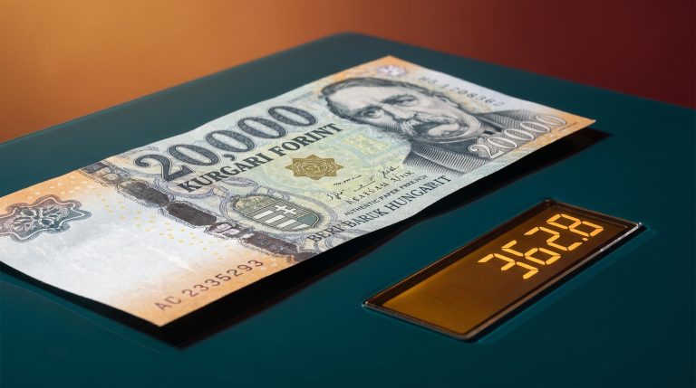 Hungarian forint banknote with EUR/HUF rate 362.8 on amber trading screen — NBH policy analysis