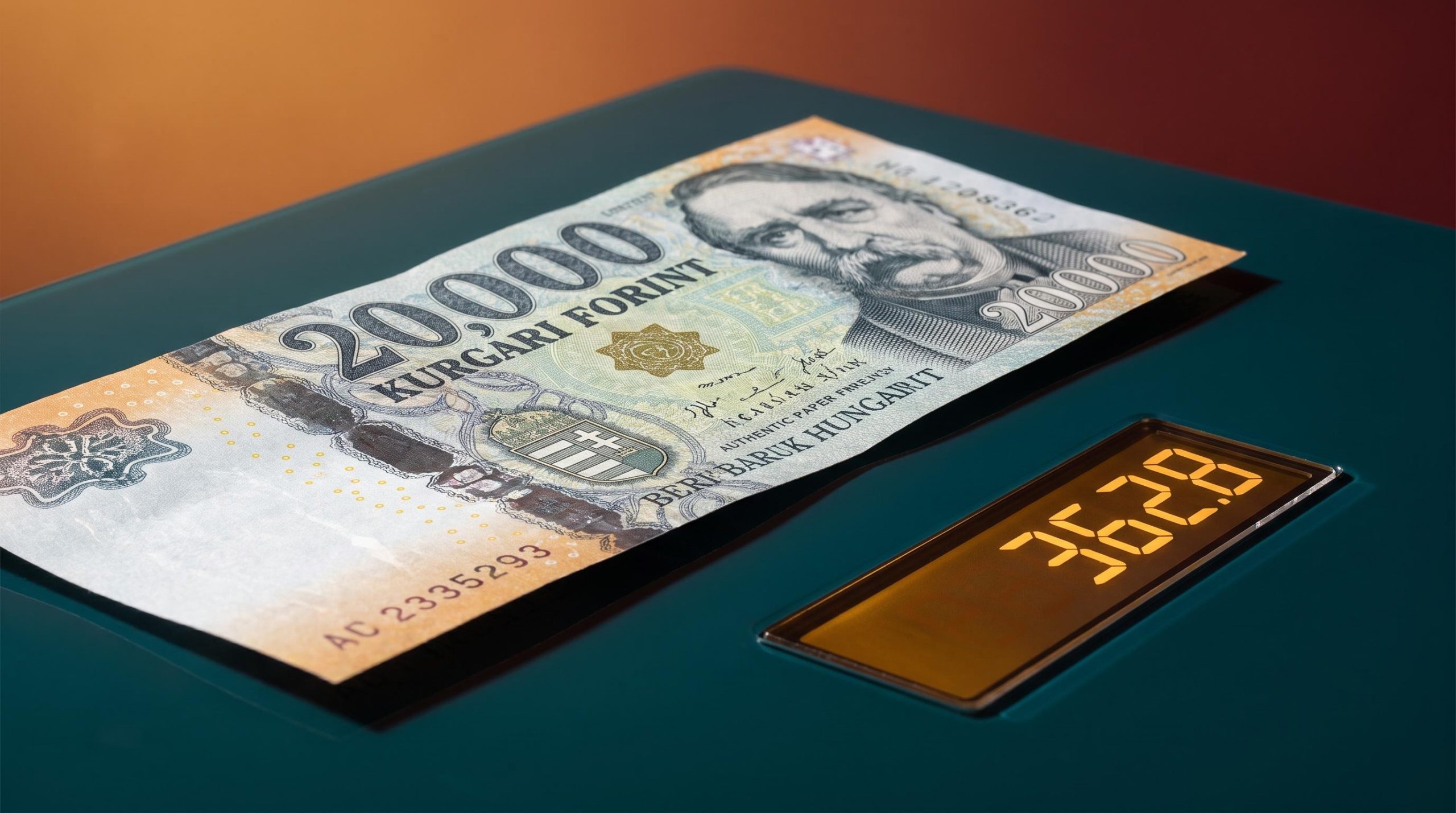 Hungarian forint banknote with EUR/HUF rate 362.8 on amber trading screen — NBH policy analysis
