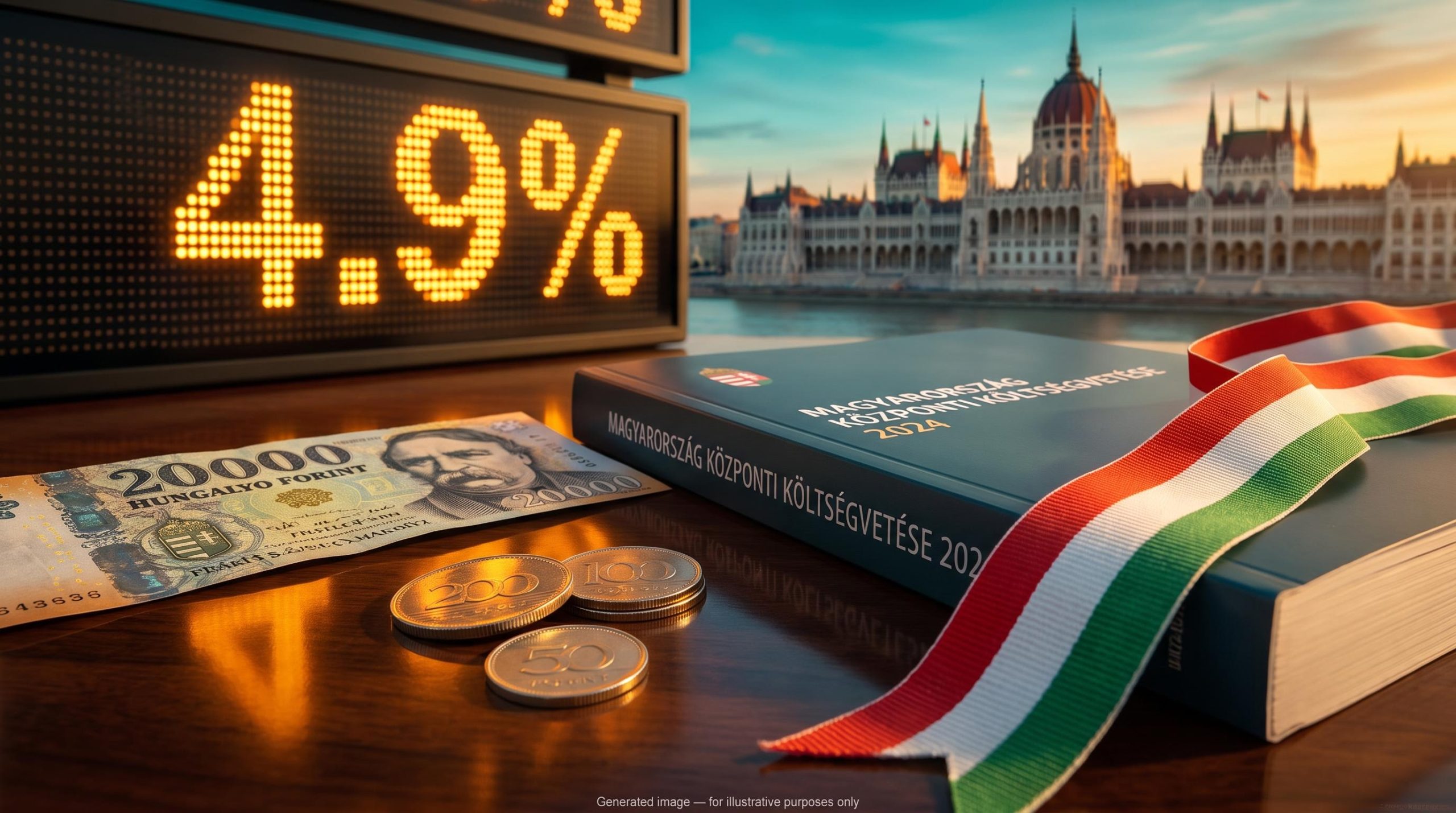 Hungary 2027 budget booklet with forint notes before Parliament and a ticker showing 4.9% deficit target