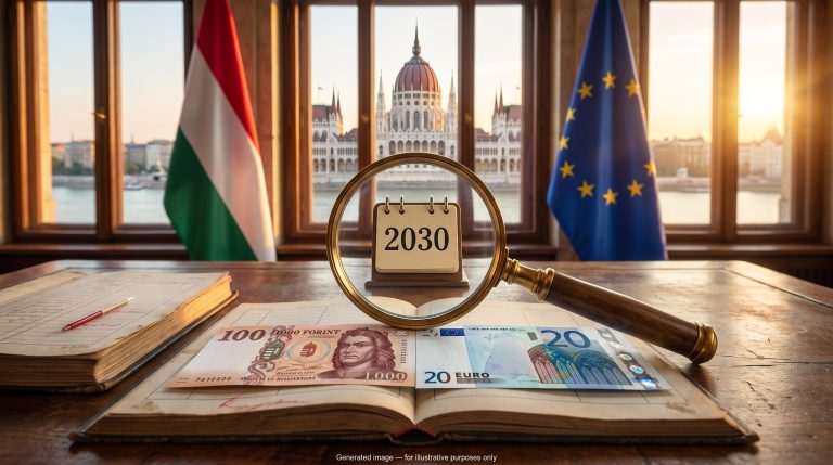 Forint and euro banknotes under a magnifying glass before Budapest's Parliament, framing Hungary euro adoption 2030 scrutiny