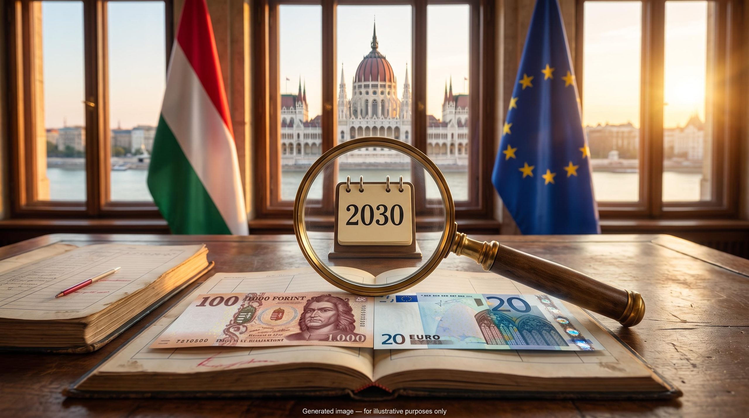 Forint and euro banknotes under a magnifying glass before Budapest's Parliament, framing Hungary euro adoption 2030 scrutiny