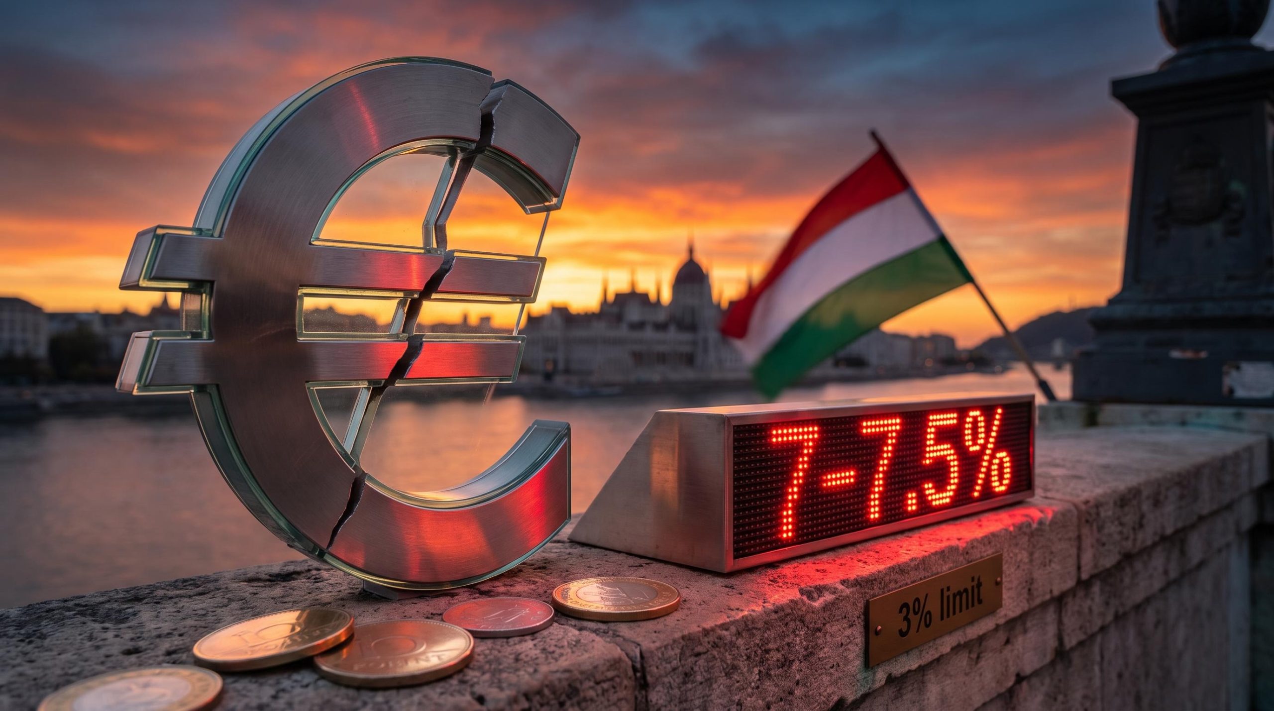 Cracked Euro sculpture before Budapest Parliament with 7-7.5% deficit display, illustrating the Hungary forint outlook