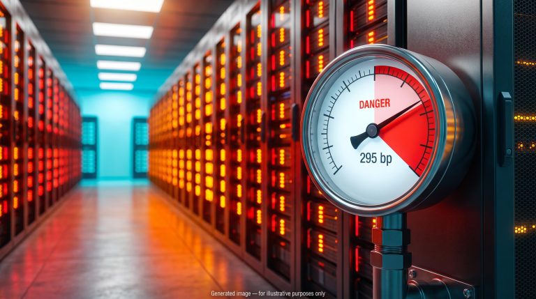 Red-zone gauge reading 295 bp in a data centre aisle, signalling hyperscaler debt stress in credit markets