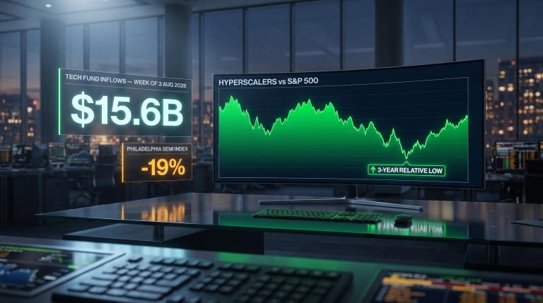 Hyperscaler stocks 3-year relative low chart with $15.6B tech fund inflows panel on institutional trading monitor