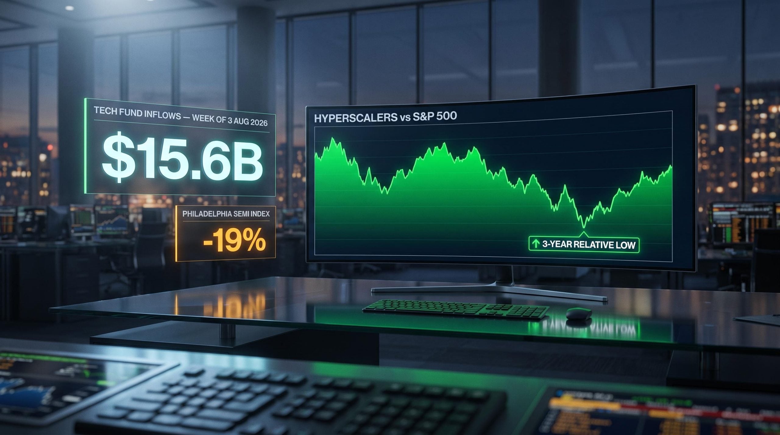 Hyperscaler stocks 3-year relative low chart with $15.6B tech fund inflows panel on institutional trading monitor